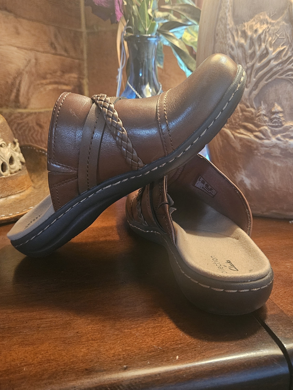 Clarks Brown Braided Strap Slip-On Flats